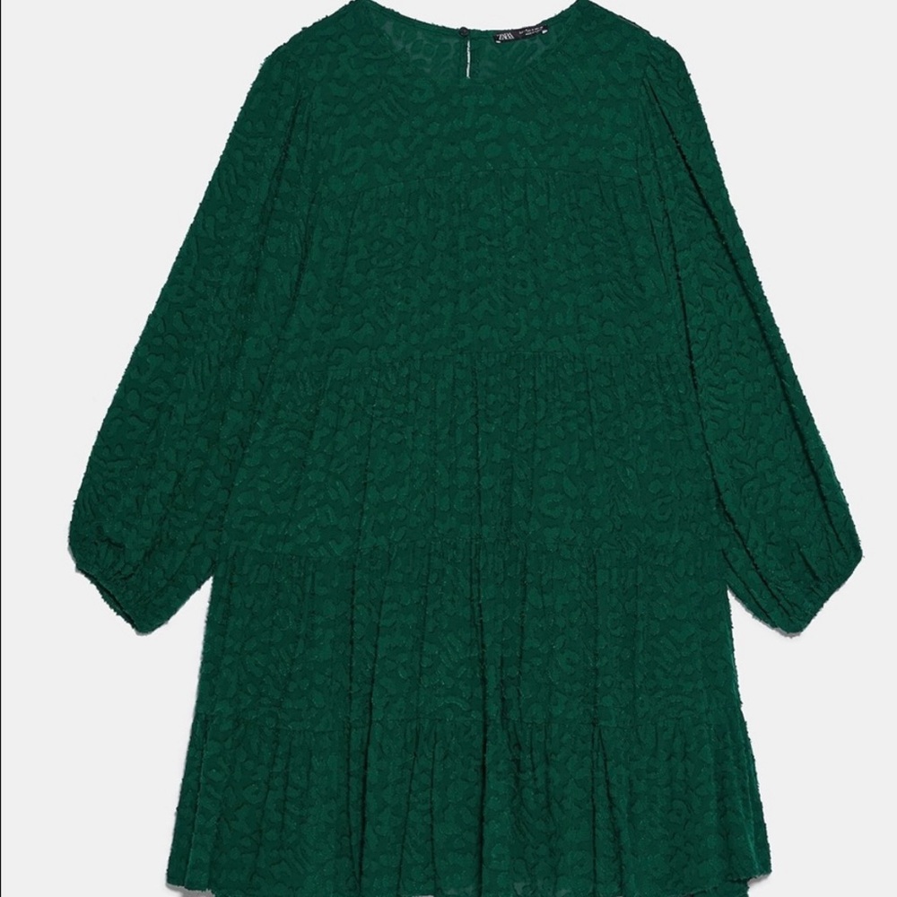 NWOT ZARA TEXTURED TIERED MINI DRESS WITH SLEEVES IN GREEN SIZE XS - Picture 5 of 16